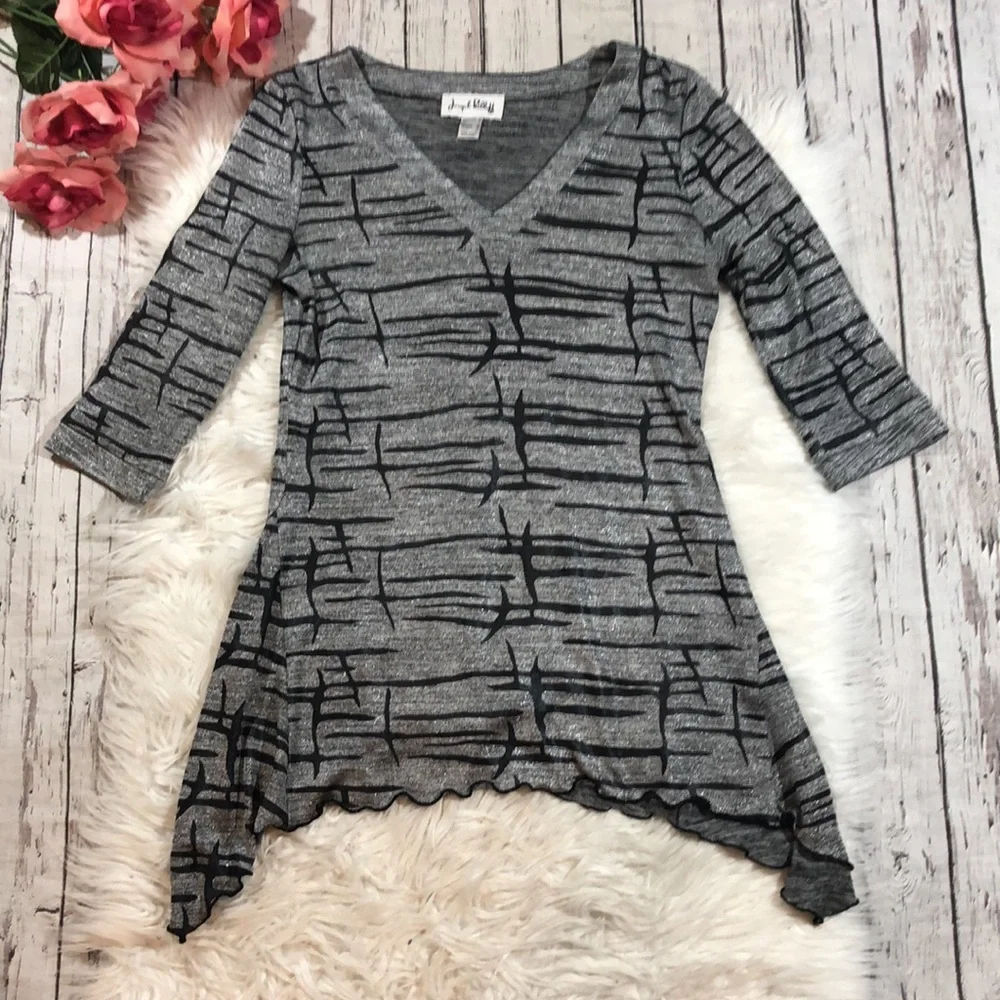 Joseph Ribkoff Shimmer Geometric Asymmetrical Top - Picture 1 of 11